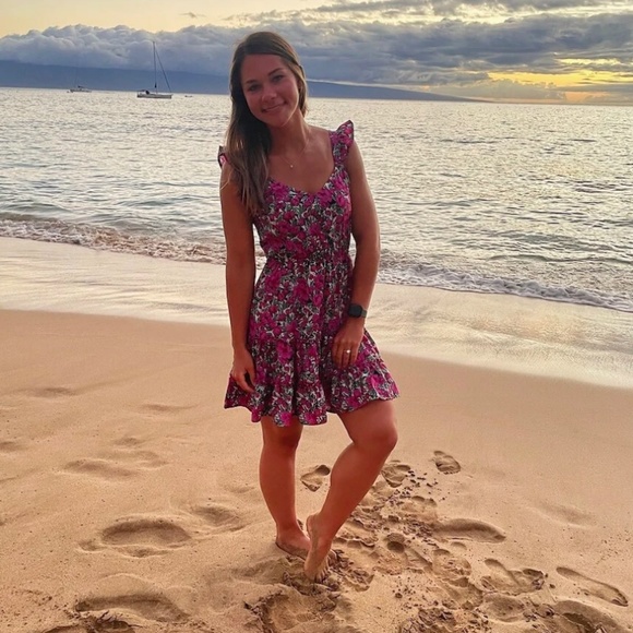 Floral Print Mini Dress Ruffle Detail Tie Back Fuchsia Green White - Picture 15 of 16